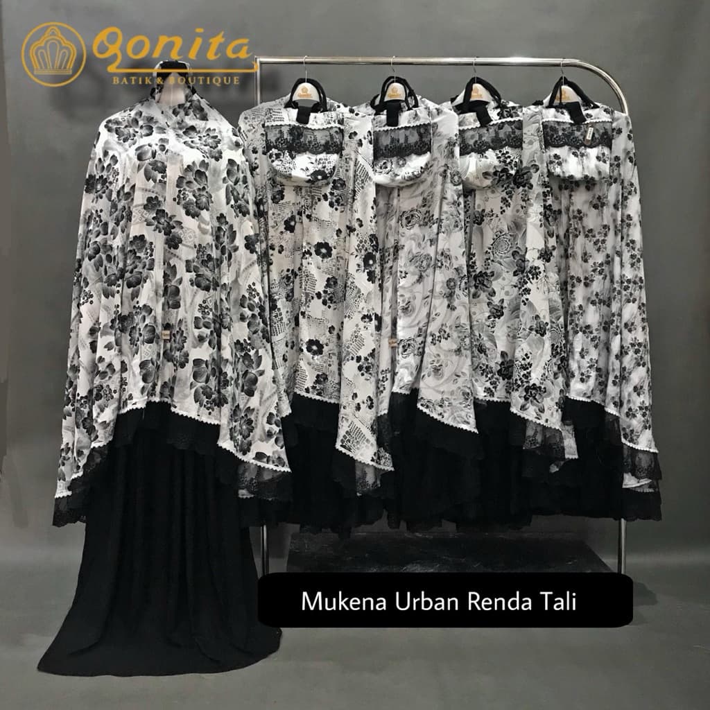 MukenaQonita | Mukena Urban Renda Hitam Putih Series | Mukena Jumbo | Adem dan Ringan | Free Pouch Cantik 2