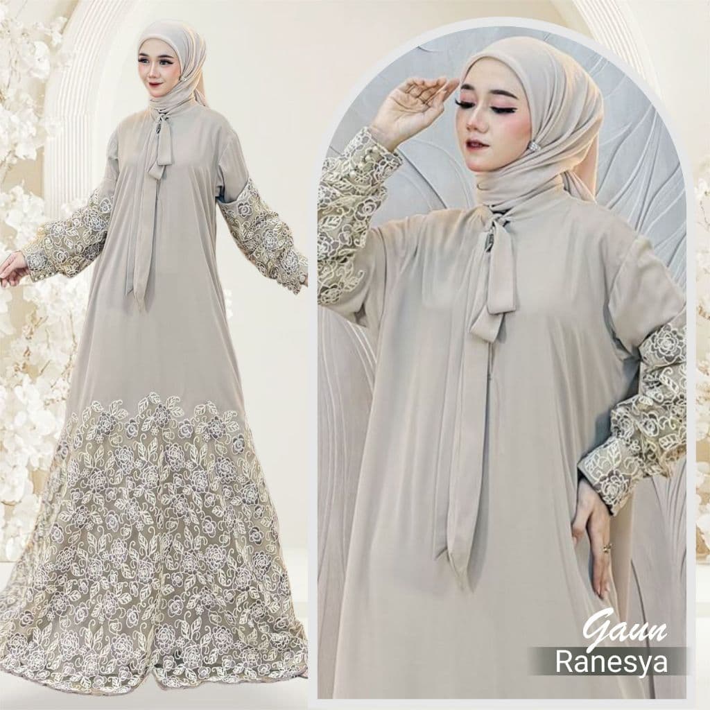 Qoni | Gaun Ranesya | Gaun Pesta Premium | Gaun Motif Bordir | Gaun Simpel | Elegan | Mewah