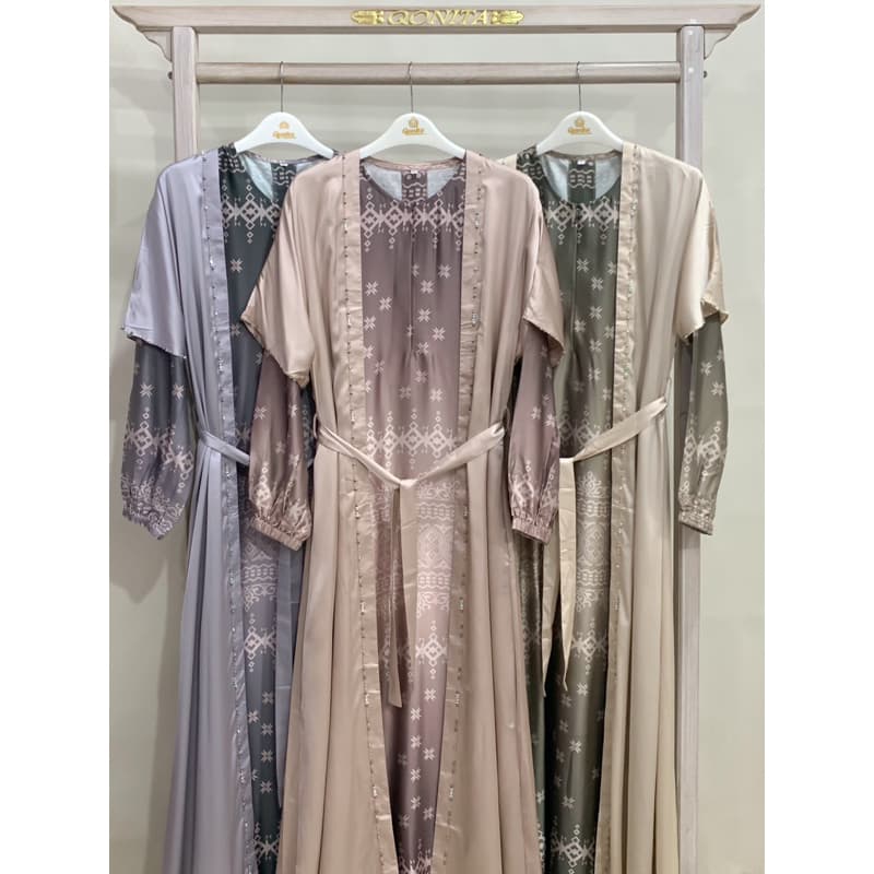 Qoni | Ld. Outer Sally | Dress Inner Outer Terpisah | Dress Bermotif Premium | Look Simple dan Elegan