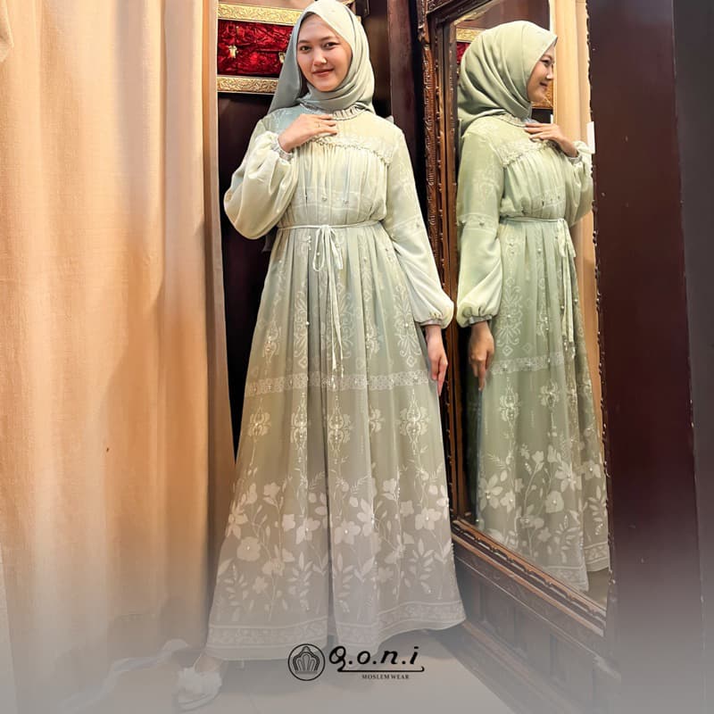 Qoni | Ld. Rheina Sifon | Gaun Pesta Simpel dan Elagant | Gaun Premium | Gaun Full Motif | Gaun Berpayet 3